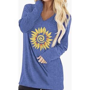 Miselon Womens Lg V Neck Long Sleeve Casual Tunic Tops Blouse Sunflower Design